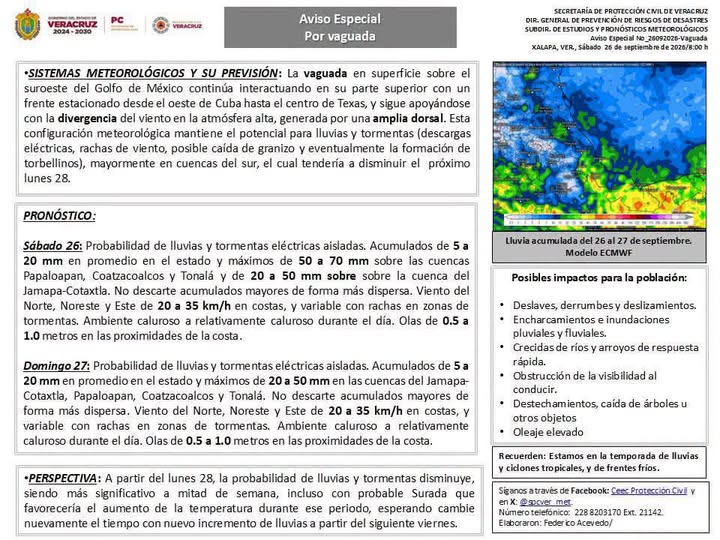 #AvisoEspecial por #Vaguada con eje sobre el suroeste del Golfo de México que mantendrá el potencial de lluvias y tormentas especialmente en regiones del sur y centro (montaña y costa).