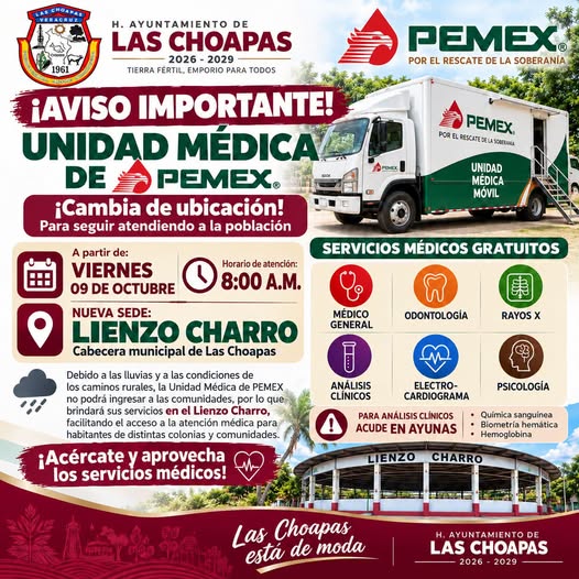 UNIDAD MÉDICA MÓVIL DE PEMEX BRINDARÁ ATENCIÓN GRATUITA EN EL LIENZO CHARRO DE LAS CHOAPAS